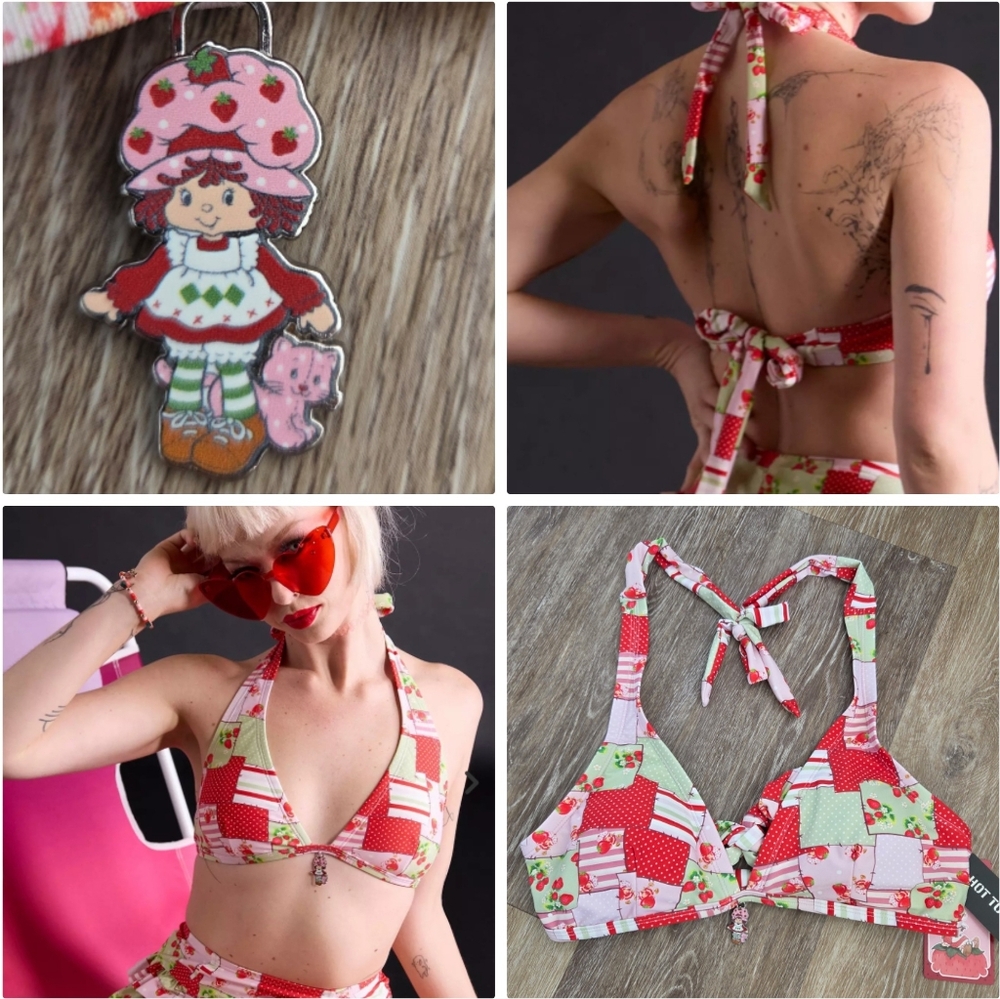 Hot Topic Strawberry Shortcake Patchwork Charm Halter Swim Bikini Top NWT